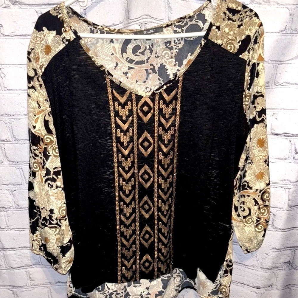 Miss Me Black Gold Floral Paisley Sequin VNeck Tunic Blouse Long Sleeve Sz Large